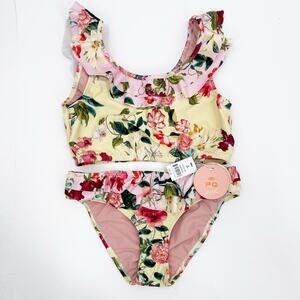 PQ SWIM PILYQ GIRLS Bikini Set Size 16 NWT Floral Ruffle Yellow Pink Swim Travel